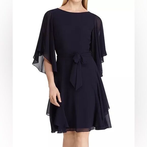Lauren Ralph Lauren Cocktail Dress Mandie Navy Blue Ruffled Knee-Length Sz 14 - Picture 1 of 6